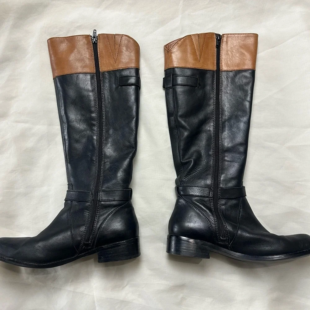 Gianni Bini Black and Tan knee high rounded leather boots size 7
